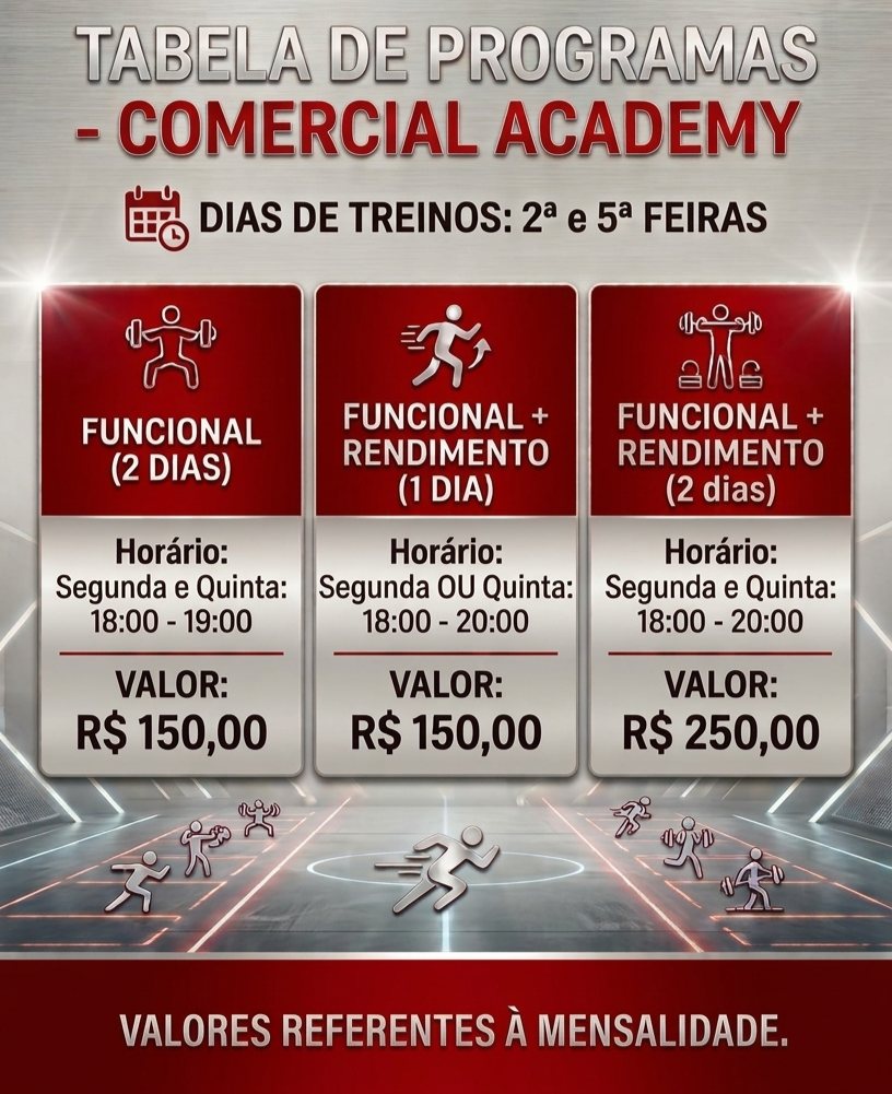 Tabela de programas — Funcional (2 dias), Funcional + Rendimento (1 dia) e Funcional + Rendimento (2 dias), com horários e valores da mensalidade